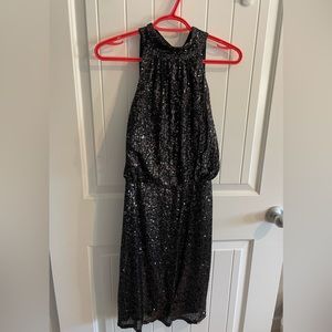 Suzy Shier Black Midi Sequin Dress, High Neck